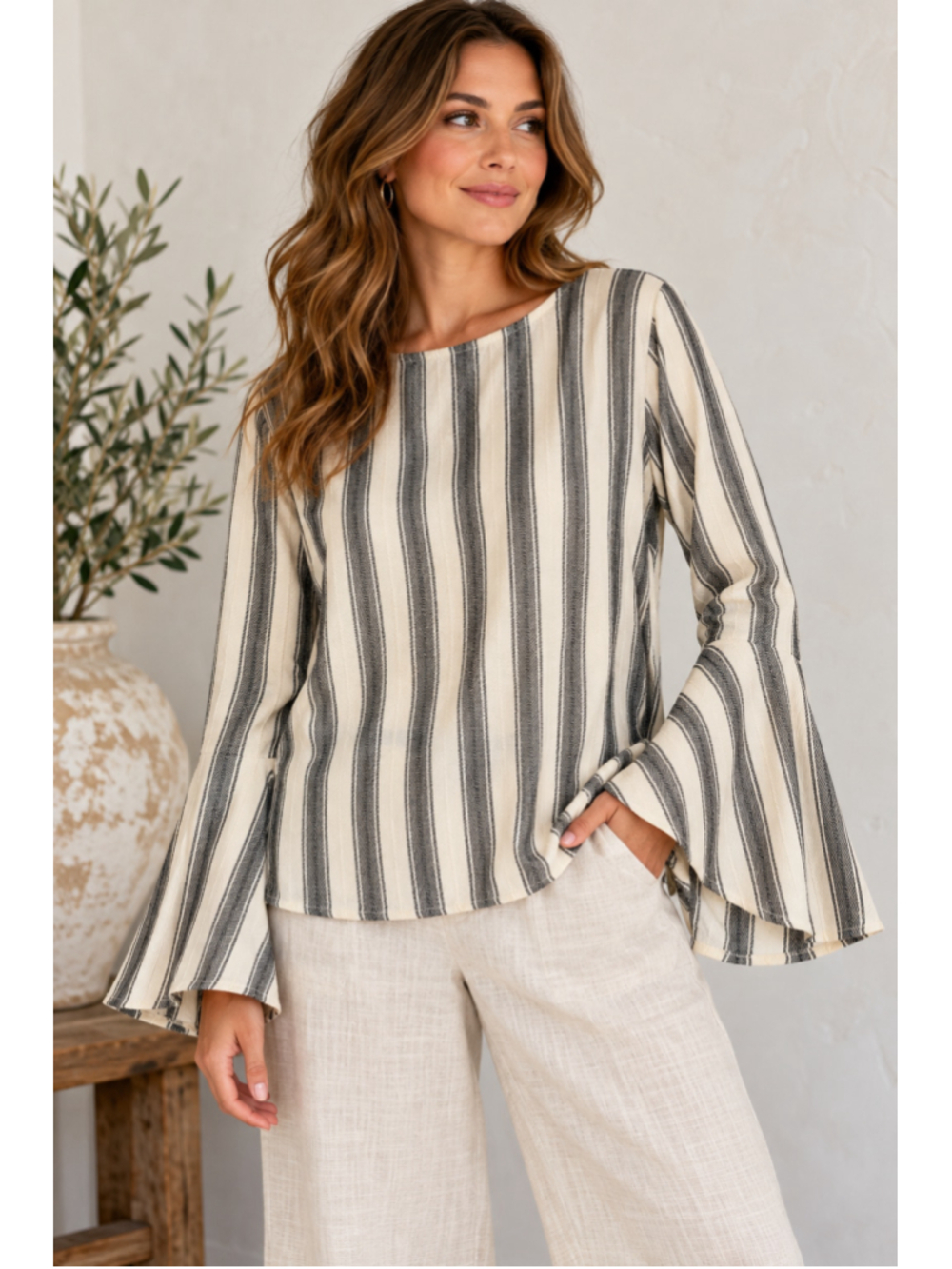 Maven West NWT Wool Blend Striped Bell Sleeve Top Made in USA